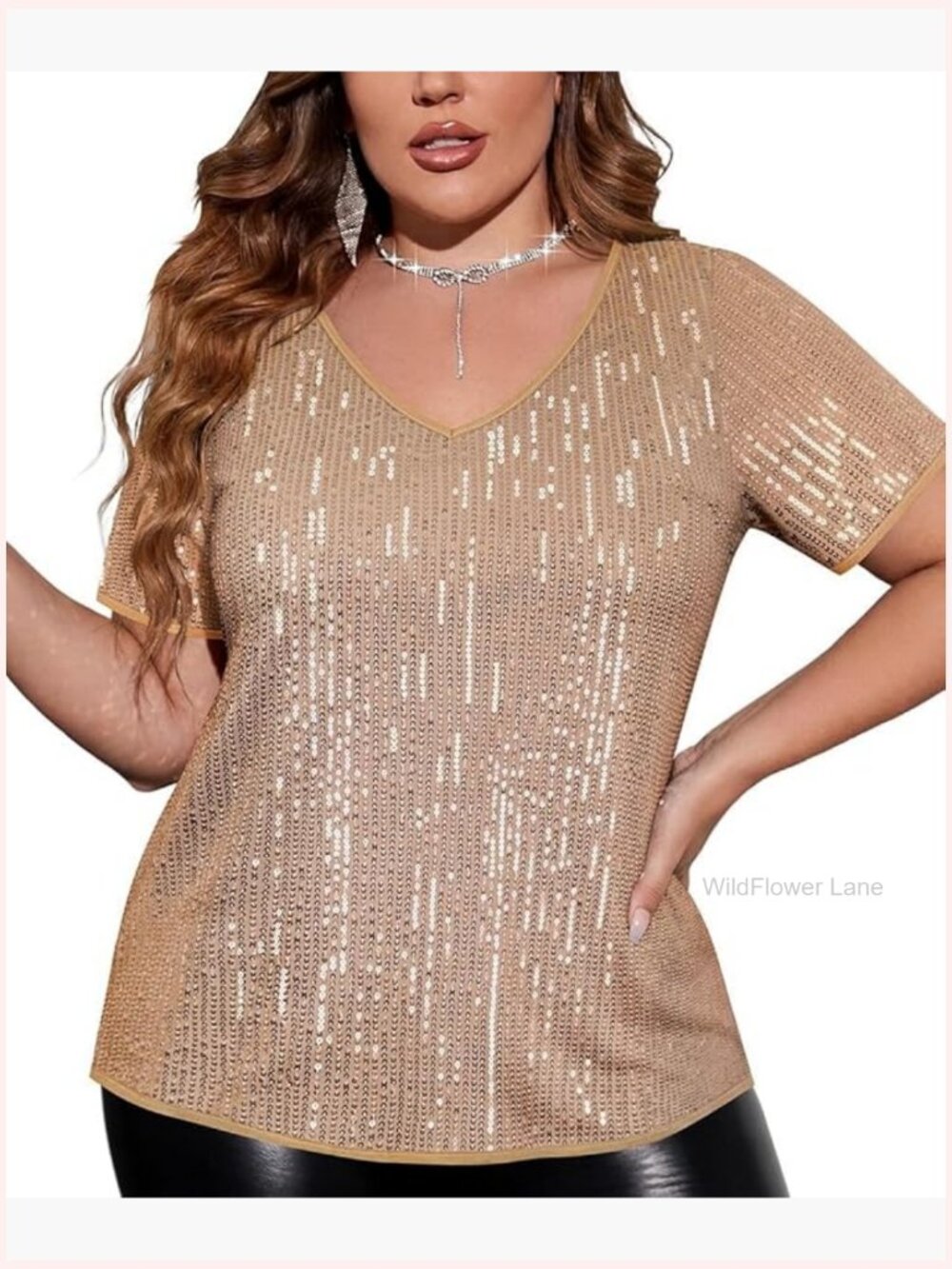 Plus Size Sequin Top Short Sleeve V-Neck Sparkly Party Tunic Shirt Women XL-5XL